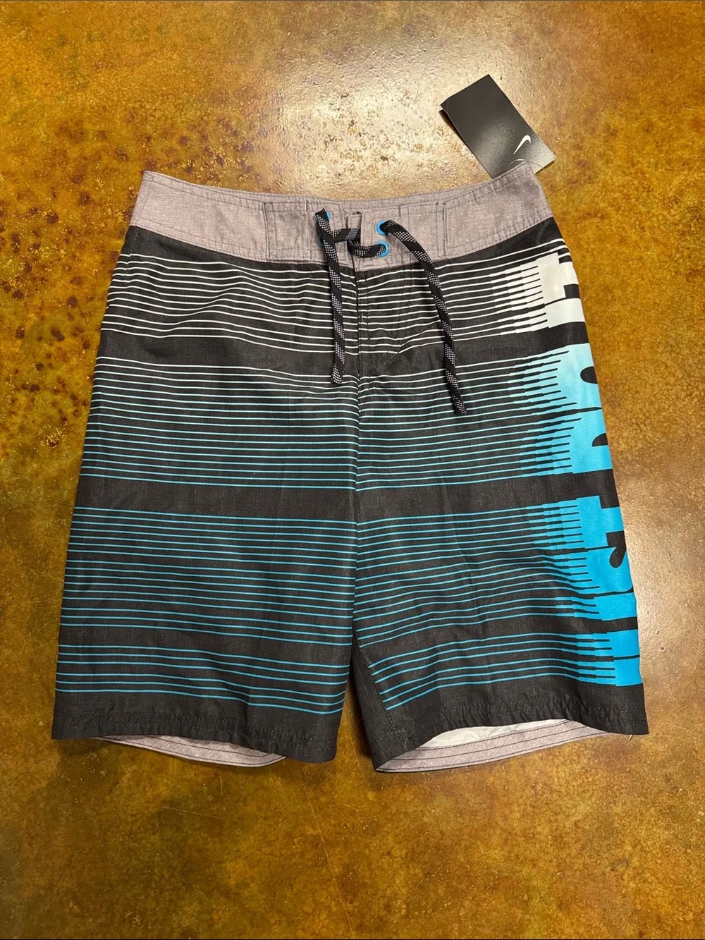 M Nike Boys Black & Teal Striped Board Shorts